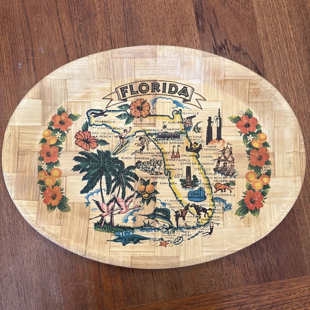 Vintage 70’s  Kitsch Florida Bamboo Souvenir Tray Bikini surfing Flamingos